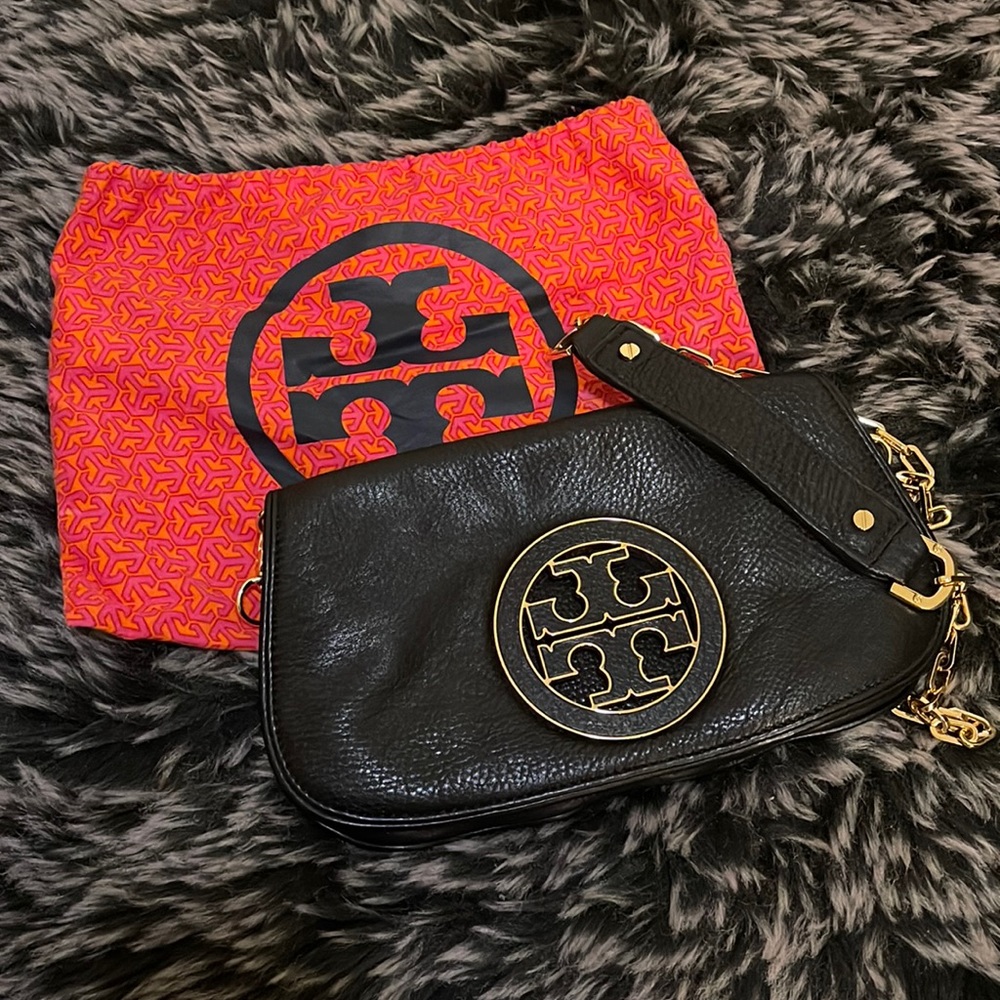 Tory Burch cross body clutch black and gold leather